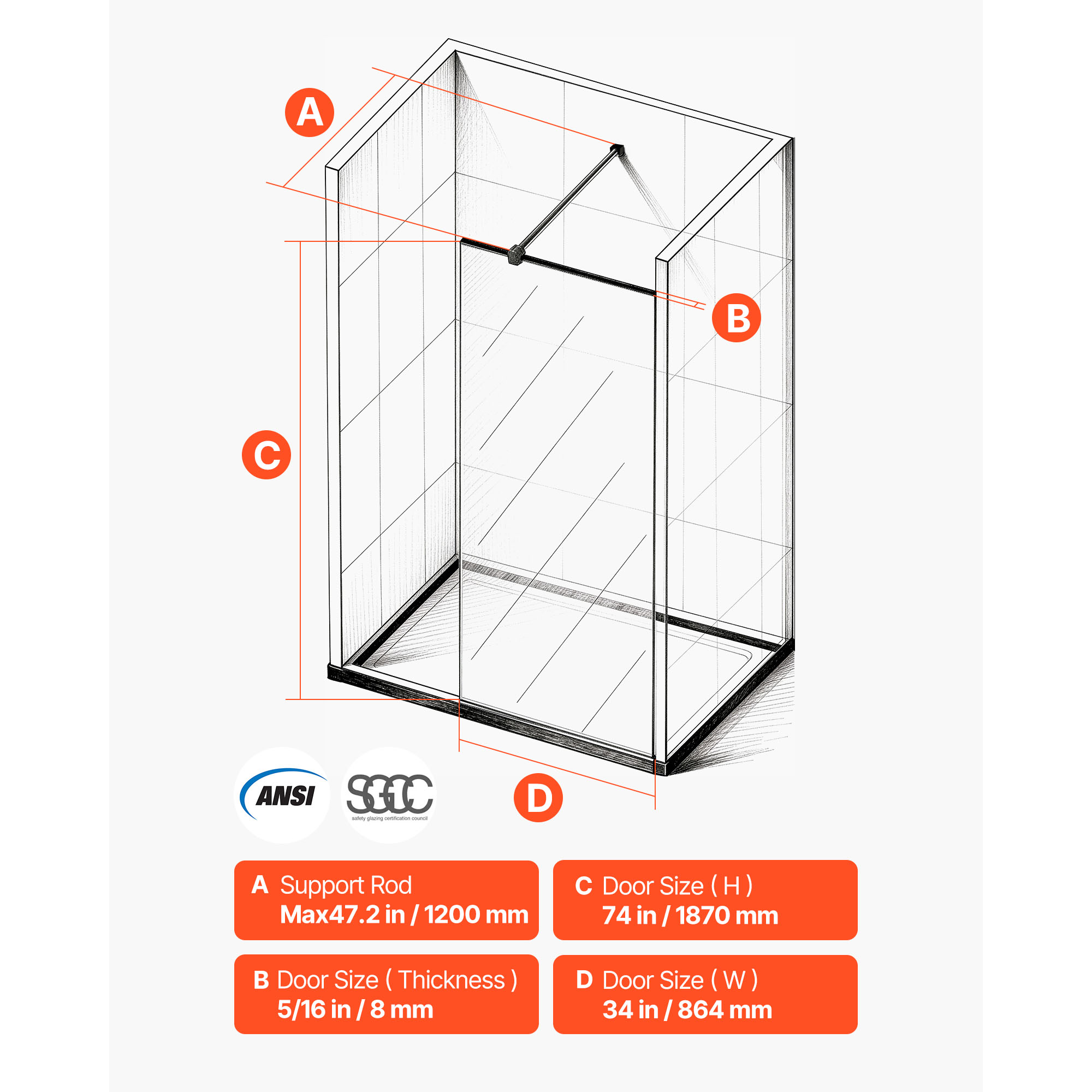 KFFKFF Fixed Glass Shower Panel, 34 x 73.6 in Semi-Framed Shower Screen, 5/16 in Thick Clear Tempered Glass with Bottom Seal Strip and Hardware, Easy to Maintain, for Bathroom, Matte Black
