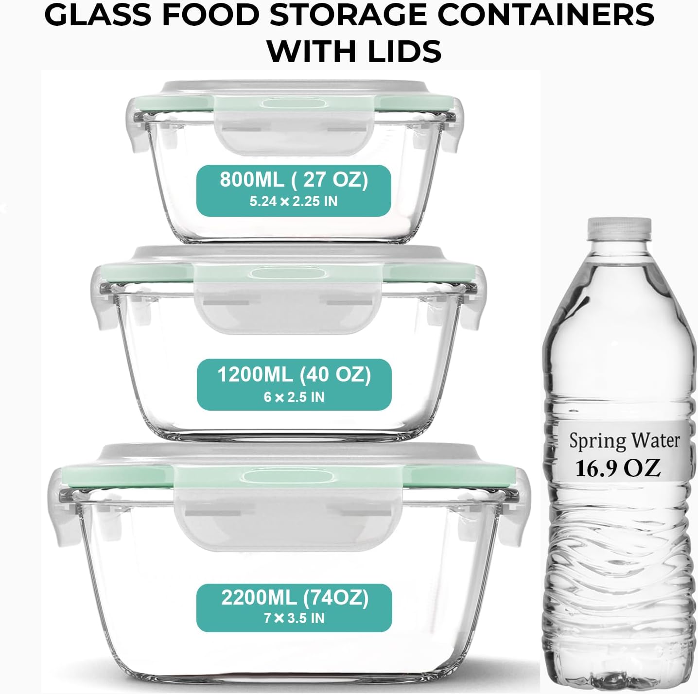 6 PC Square Glass Food Storage Containers with Airtight lids (74, 40 & 27 oz) Kitchen Glass Meal Prep Containers Set for Freezer Reusable Leftover Lunch Boxes, Oven, Microwave, Dishwasher Safe