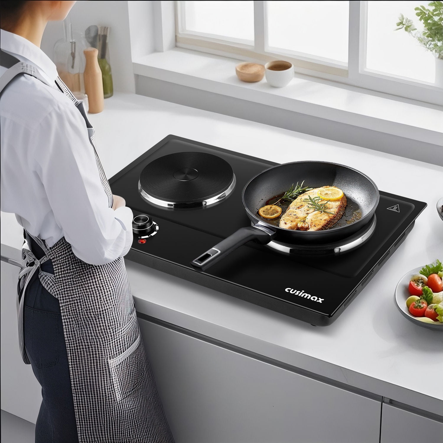 CUSIMAX 1800W Portable Double Burner Hot Plate – Stainless Steel Countertop Electric Cooktop with Dual Cast Iron Heating Plates, Easy-to-Clean Design, Upgraded Version