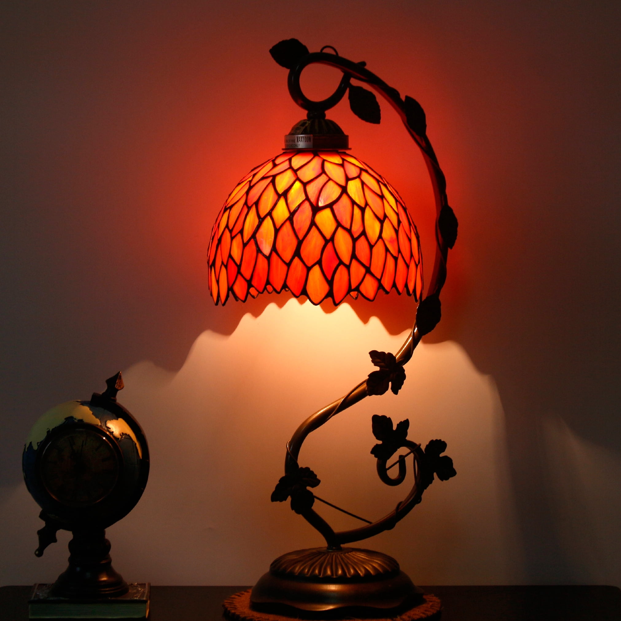 Tiffany Lamp Bedside Lamp, Stained Glass Table Lamp, Thin Antique Banker Reading Desk Light Red Wisteria Style 21" Tall Industrial Rustic Metal Leaf Base, Memory Sympathy WERFACTORY LED Bulb Included