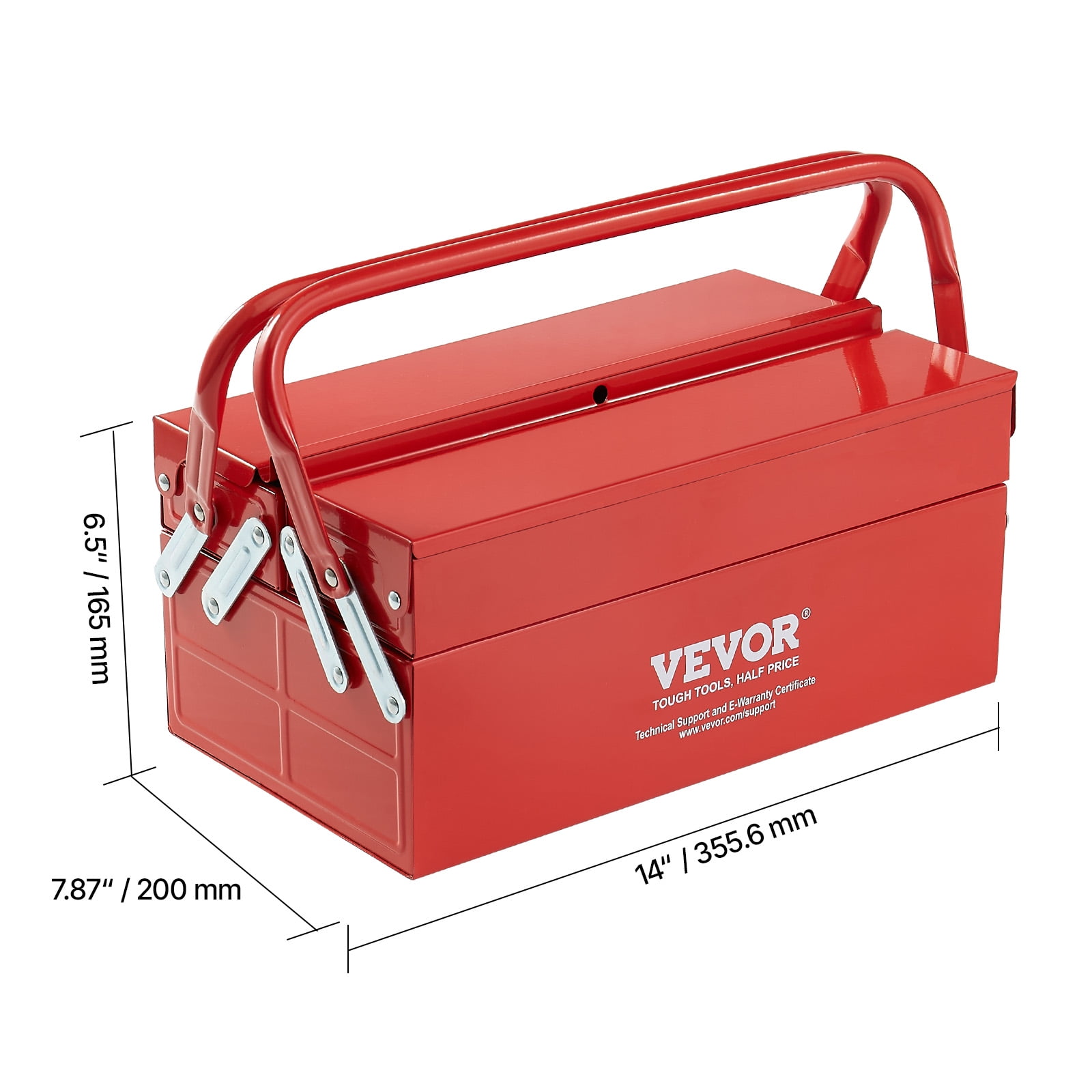 VEVOR Metal Tool Box, 14-inch, 2-Tier 3-Tray Portable Folding Tool Chest Organizer with Handle & Lock Hole, Powder Coated Steel, Cantilever Toolbox for Household Factory Warehouse Repair Shop, Red