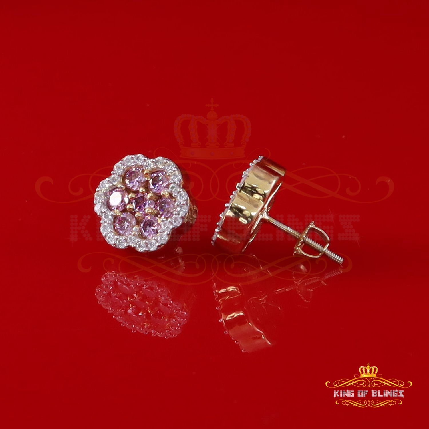 King of Bling's 925 Silver Yellow 1.50ct VVS D Pink Moissanite Floral Mens/Women's Stud Earrings