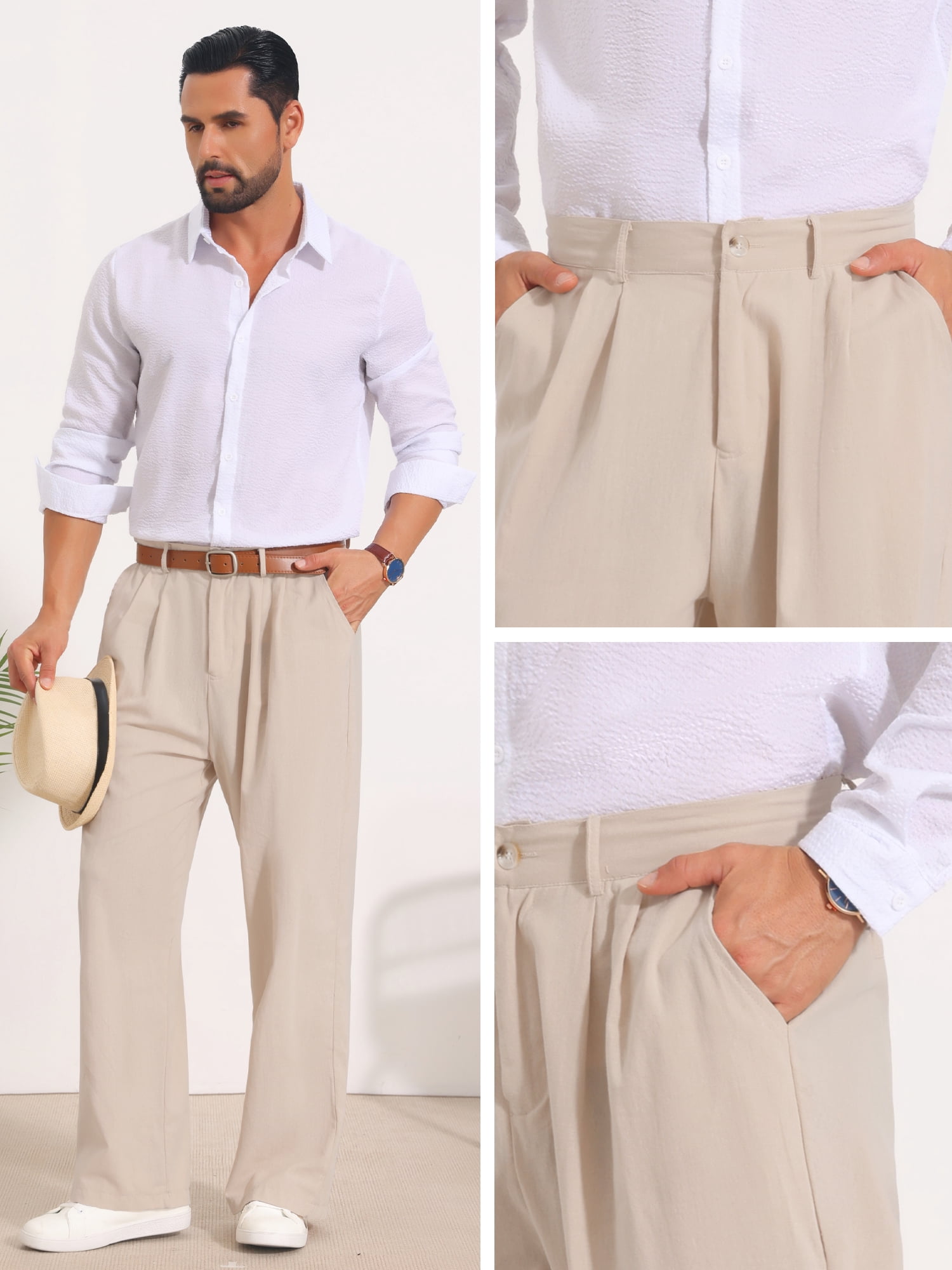 DARING DIVA Men's Lightweight Breathable Linen Pleated Pants with Side Pockets 36 Khaki