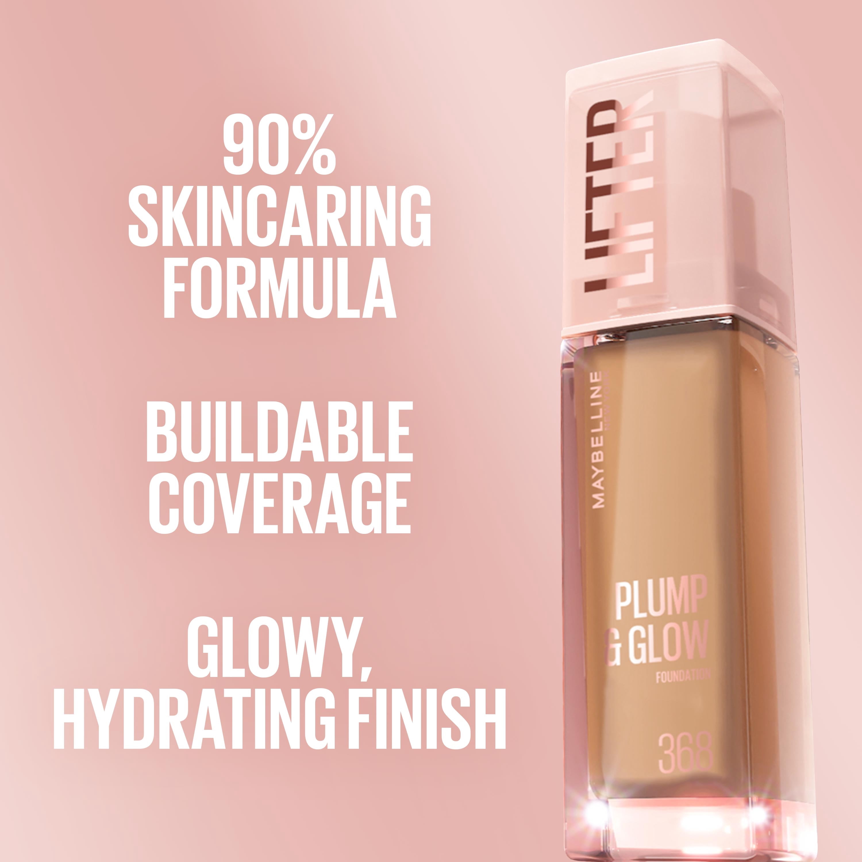 Maybelline Lifter Plump & Glow Foundation, Hyaluronic Acid, 340 Warm, 1 Piece
