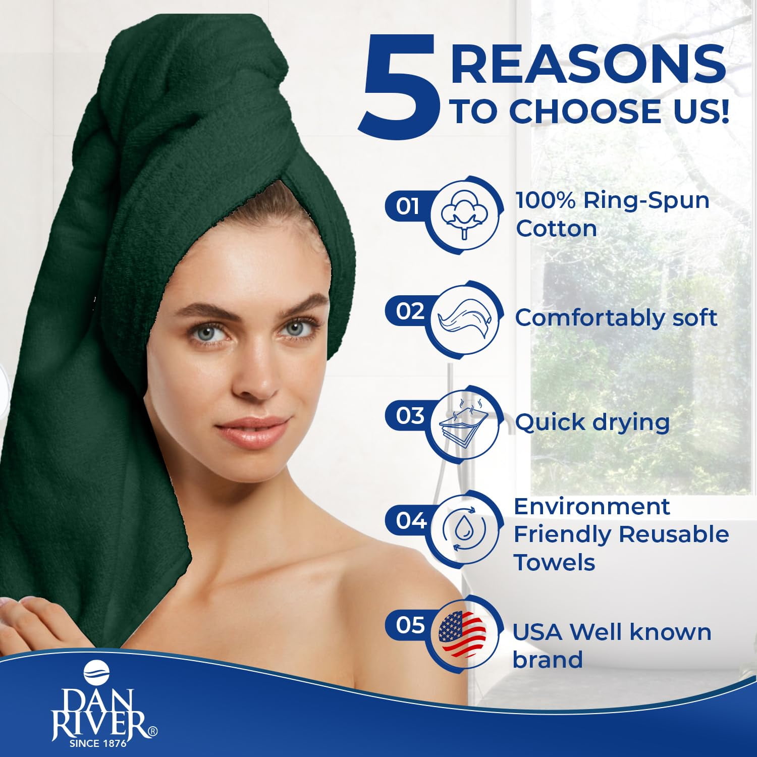 Dan River 6 Piece Towel Set Soft Quick Drying Cotton Bath Towel For Gym, Spa and Bathroom - Hunter Green