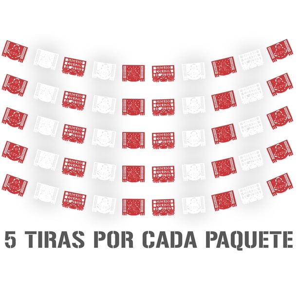 Papel Picado Religioso Sagrado Corazon de Jesus | Guirnaldas | Enramado | 5 tiras de 5 metros | diseño religioso rojo con blanco con colores vibrantes | decoración de papel picado (Plastico)