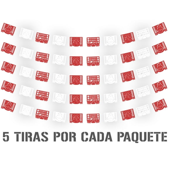Papel Picado Religioso Sagrado Corazon de Jesus | Guirnaldas | Enramado | 5 tiras de 5 metros | diseño religioso rojo con blanco con colores vibrantes | decoración de papel picado (Plastico)