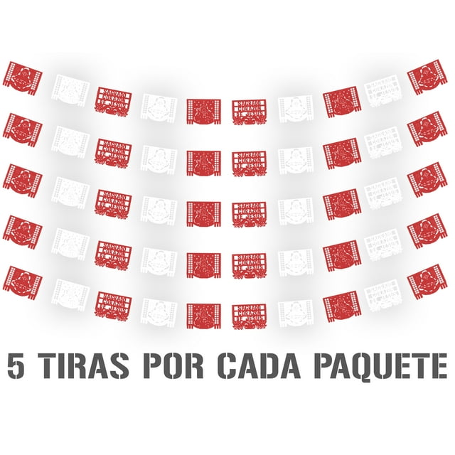 Papel Picado Religioso Sagrado Corazon de Jesus | Guirnaldas | Enramado | 5 tiras de 5 metros | diseño religioso rojo con blanco con colores vibrantes | decoración de papel picado (Plastico)