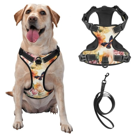 TEQUAN Medium Dog Harness with Leash Vintage Daisy Flowers Butterflies Prints Reflective No Pull Adjustable Pet Vest (M)