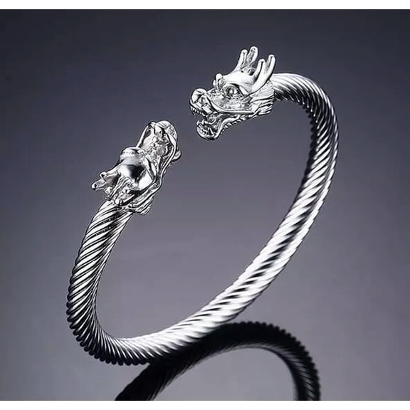 HOOUN Silver Stainless Steel Men's Cable Wire Cuff Bangle Bracelet Biker dragon Clasp