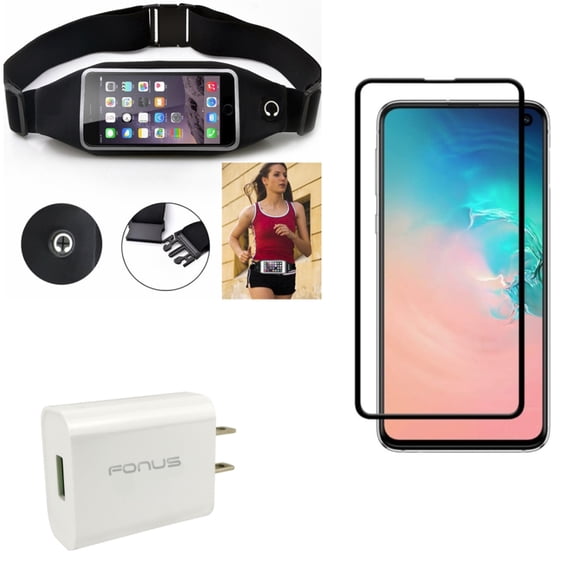 Galaxy S10e Screen Protector w Running Waist Bag w Quick Home Charger - Tempered Glass 5D Curved Edge, Belt Band Sports Gym Workout, 18W USB Travel for Samsung Galaxy S10e Phone