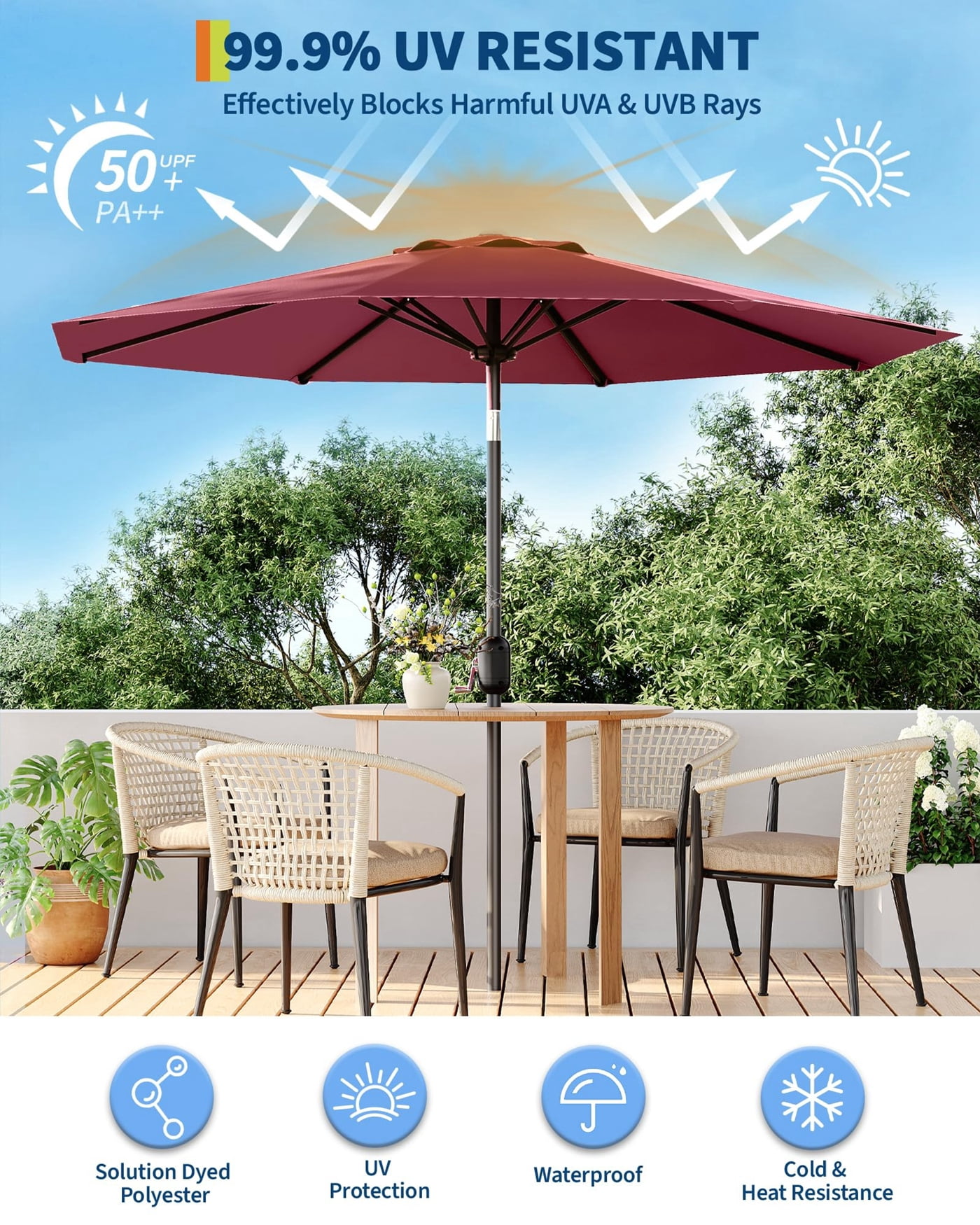 Arigeas 9ft Outdoor Portable Patio Parasol Umbrella with Push Button Tilt, 8-rib Frame and Crank Handle