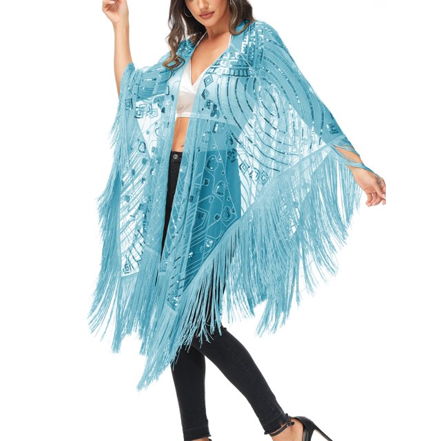Châle de Soirée pour Femmes, Surdimensionné, à Perles, à Franges et à Paillettes
