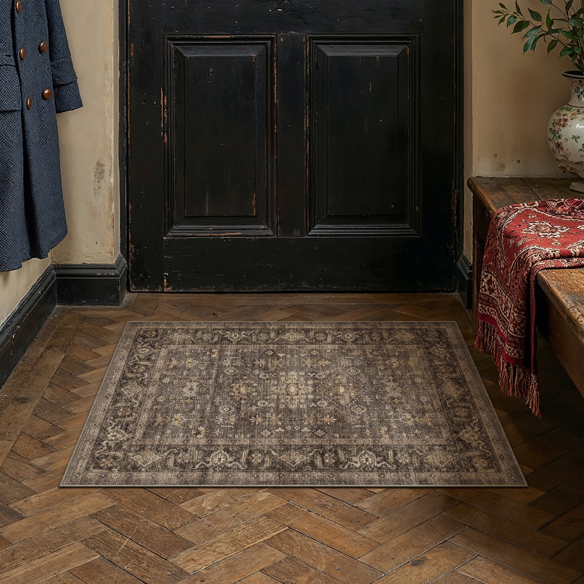 BERTHMEER 2'x3' Small Area Rugs for Entryway Doormats Indoor Bathroom Oriental Vintage Farmhouse Machine Washable Non-slip Traditional Distressed Throw Rugs, Brown