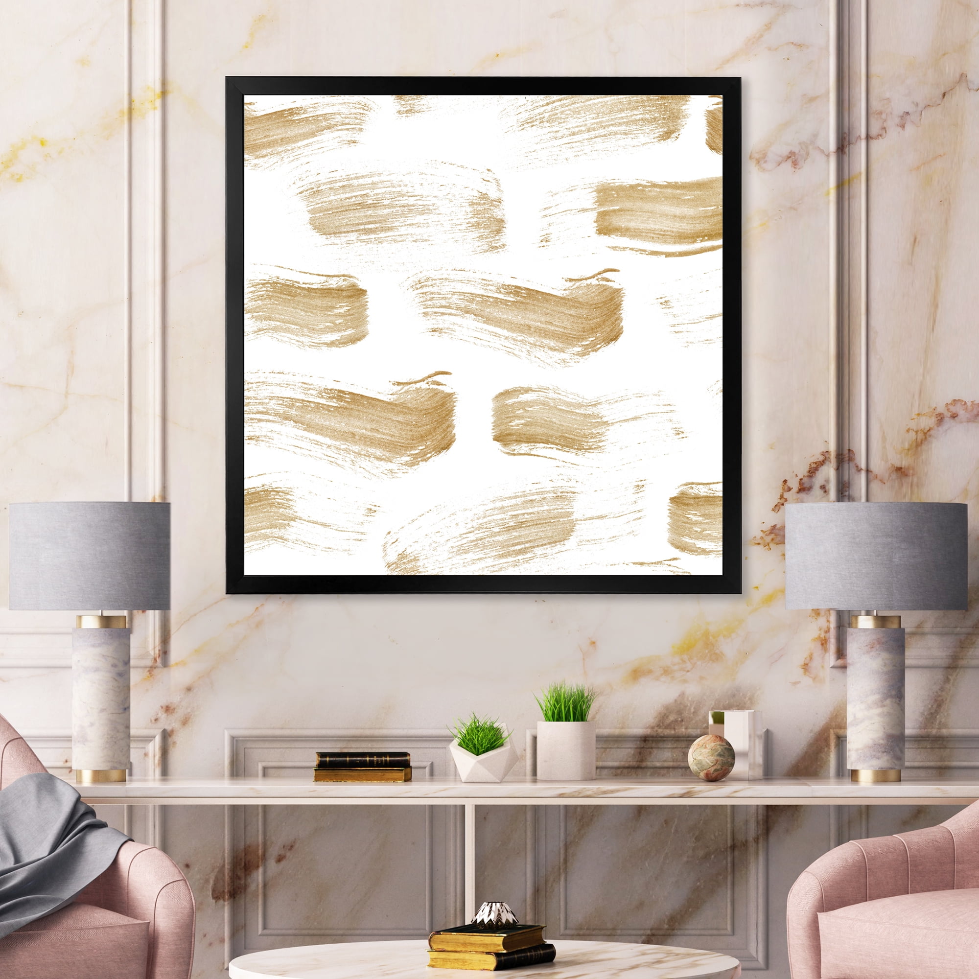 Designart 'Golden Abstract Brush Strokes' Modern Framed Art Print