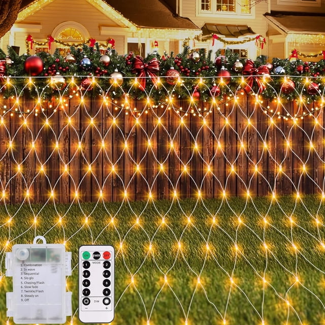 echosari Battery Operated Net Lights, 100 LED Net Fairy Lights 8 Modes Remote Timer Dimmable Garden Patio Mesh Lighting for Bush Deck Fence Wall Party Wedding Christmas Decor (Warm White)