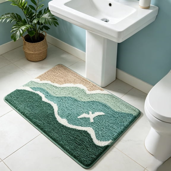 Style Bath Mat Non Slip Bathroom Rug Absorbent Quick Dry Wave Pattern Machine Washable 15.74x23.62 Inch(Green)