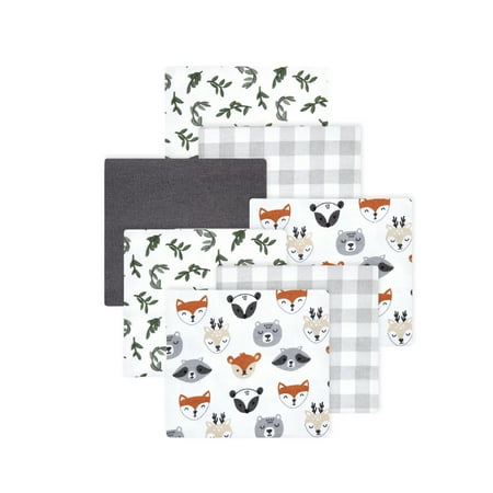 Little Treasure Hudson Baby Cotton Poly Flannel Receiving Blankets 7-Pack, Grey Woodland Faces, 30x30 inches