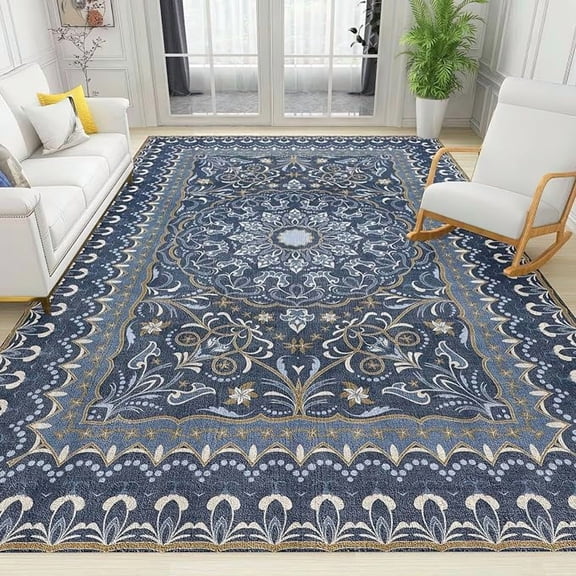 Blue Print Area Rug, Retro Ethnic Non Slip Bedroom Rug, Stain Resistant Durable Carpet for Indoor Living Room Office Decor Mat 2 x 3ft