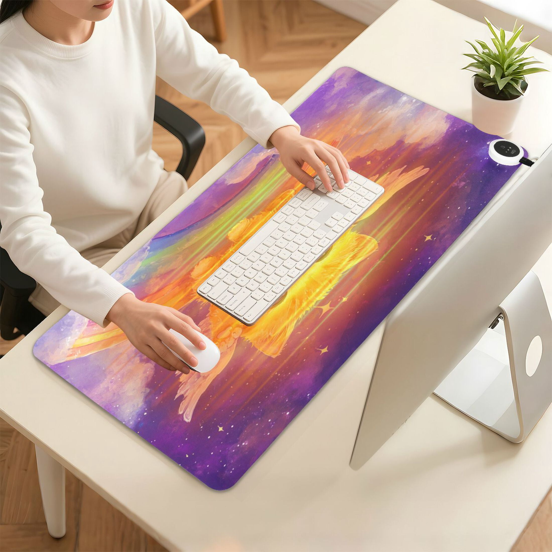 Wobogo Rainbow Angel Cat Heated Mouse Pad Extra-Large Desk Mat With 3 Heating Levels and 3-hour Auto Shut-Off Protection Ideal for Computer Keyboards Home Office Hand-warming Essential 31.5in × 13in