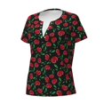 thumbnail image 2 of Goofa Cherry Pattern Womens Deep V Neck Low Cut Tops Casual Summer Short Sleeve Ribbed Knit T-Shirts-Large, 2 of 5