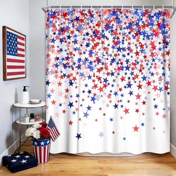 July 4th Shower Curtain, President's Day Shower Curtain Blue and Red Stars American Flag Bathroom Decor 4th of July Independence Day Shower Curtain, Patriot Shower Curtain Set with Hooks , (72X72)