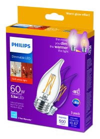 Philips LED 60-Watt BA11 Candle Light Bulb, Clear Soft White Warm Glow, Dimmable, E26 Base (3-Pack)