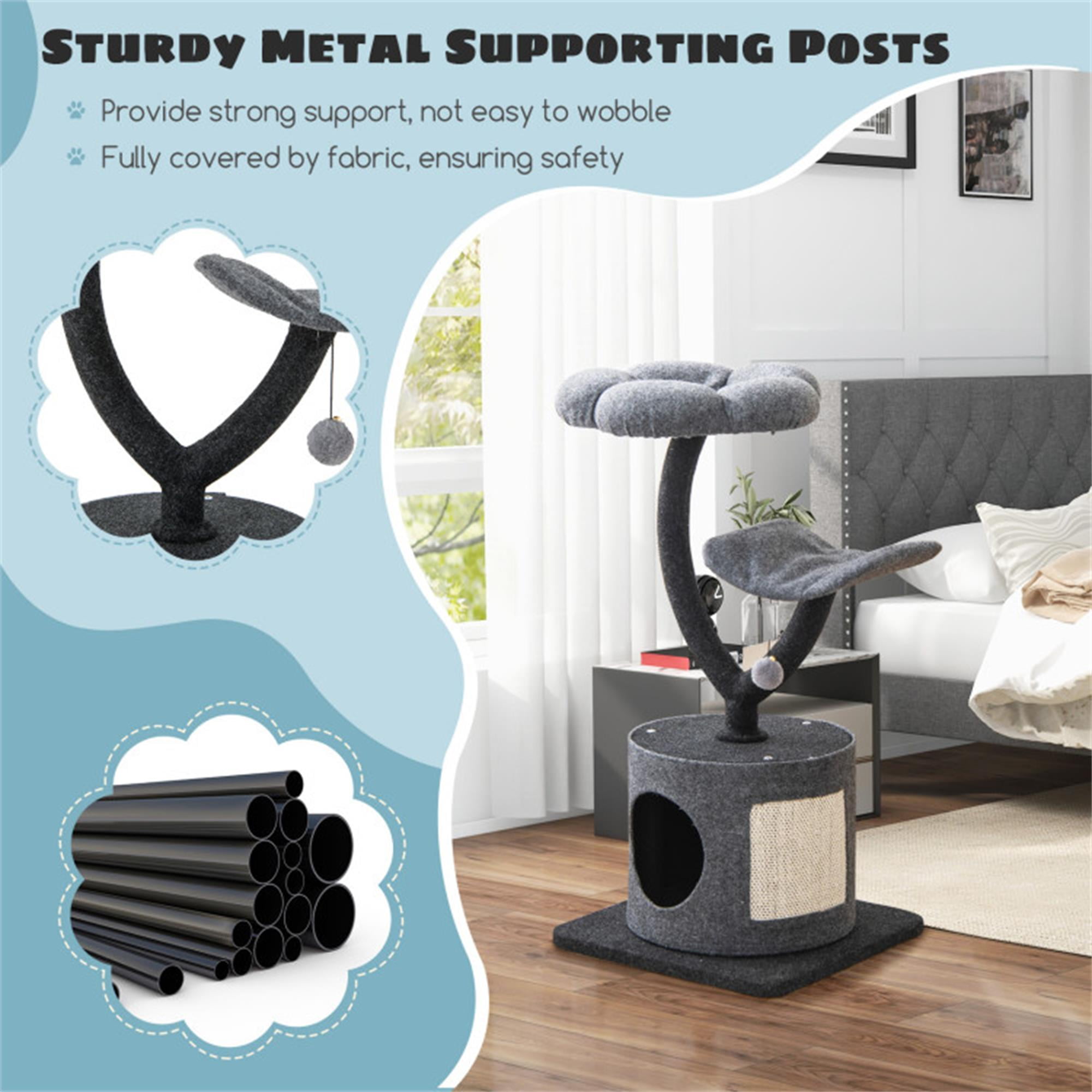 resenkos 35" Cat Tree Tower, Small Cat Condo with Sisal Scratching Board, Curved Metal Supporting Frame Cat Tree House with Perch and Hanging Ball, Gray