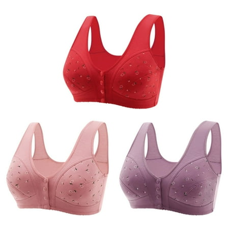 Bigersell Training Bra for Girls New 3pc Women Senior Elder Women Printed Front Buckle Without Underwire Underwear Soft Cotton Plus Size Underwear Bra Bralette Bra Style F-49 Red 7XL