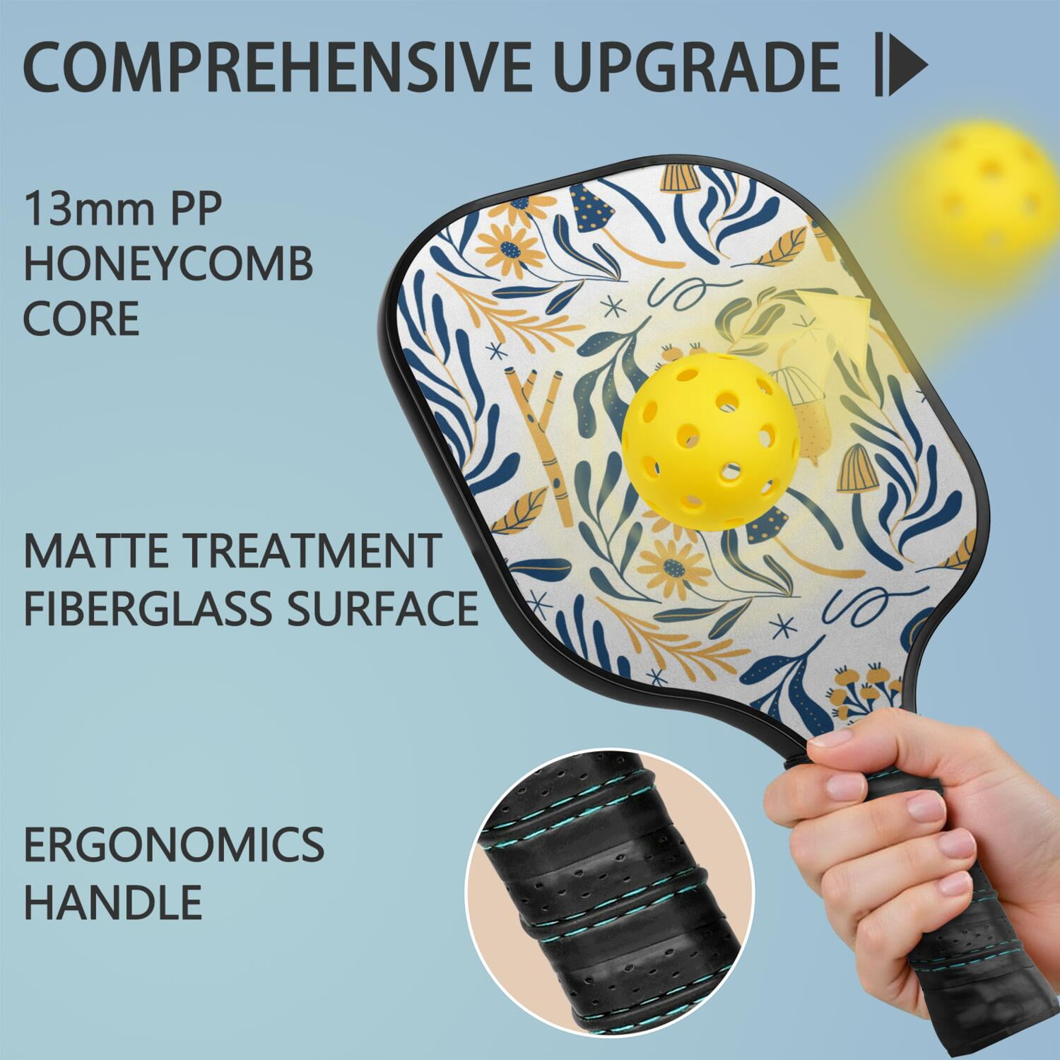 Pickleball Paddles Set Of 1, Fiberglass Surface, Floral, Flowers Print, 1 Paddle, 2 Balls & Bag