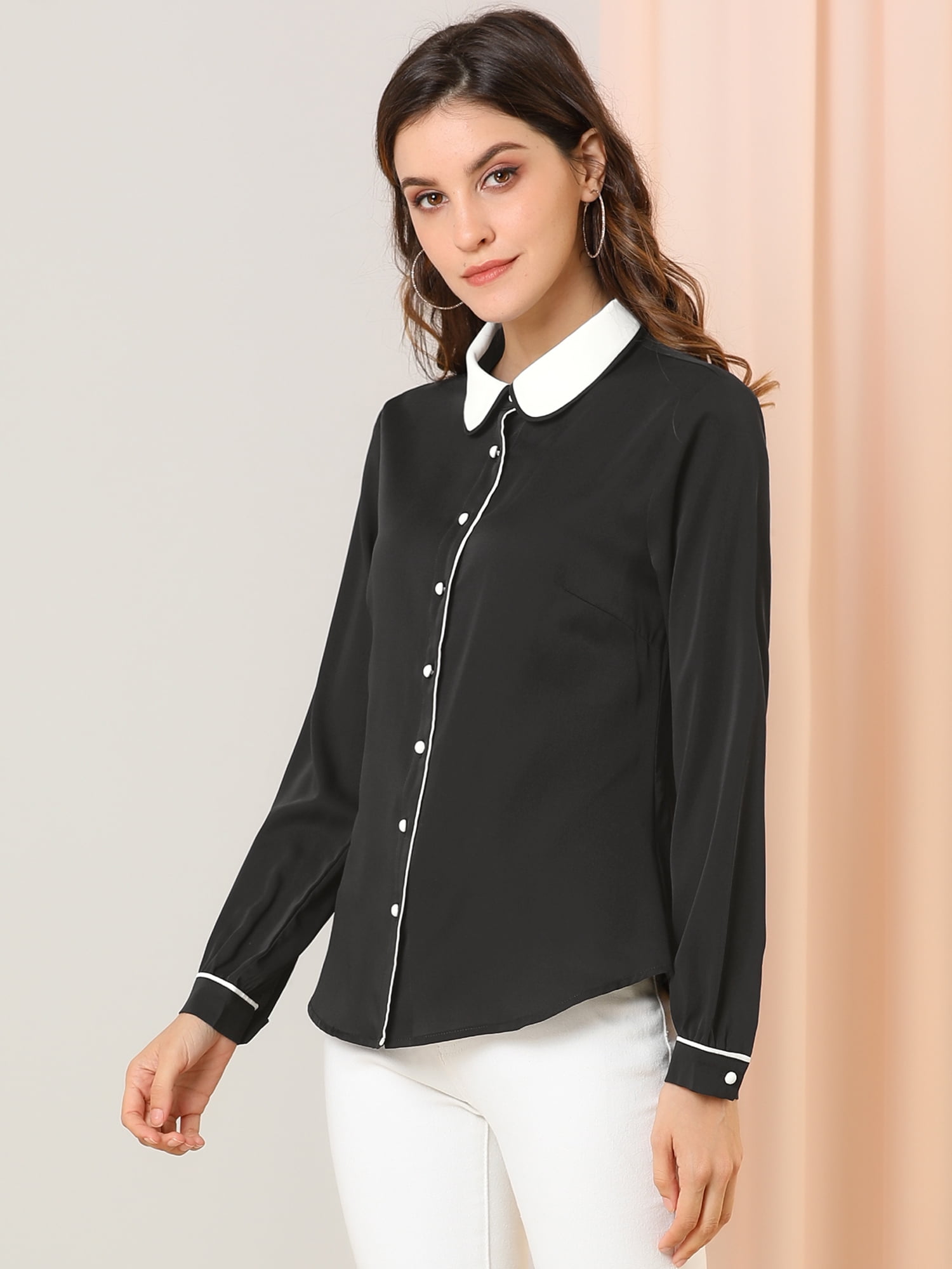 DARING DIVA Women's Button Down Long Sleeve Peter Pan Collar Blouse XL Black