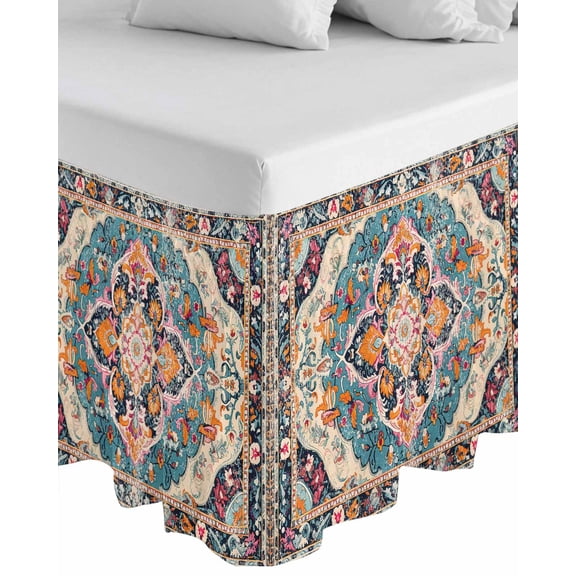 Boho Colorful Wrap Around Bed Skirts for California King Bed 18" Drop,Bed Skirt with Adjustable Elastic Belt Dust Ruffle Bed Valance for Bedroom Ethnic Modern Geometric Abstract Art Bed Frame Cover