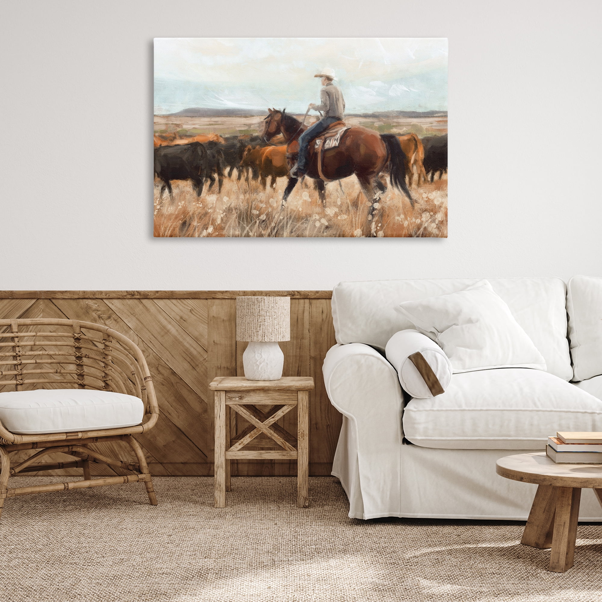 Stupell Industries Cowboy Rounding Cattle Landscape Painting Gallery Wrapped Canvas Art Print Wall Art, 45 x 30