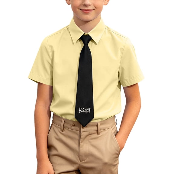 ZACPNCV Boys' Short Sleeve Oxford Shirt Wrinkle Resistant Lapel Collar Uniform Dress Shirt Summer Business Casual Collared Shirt for Kids with Tie Set Yellow