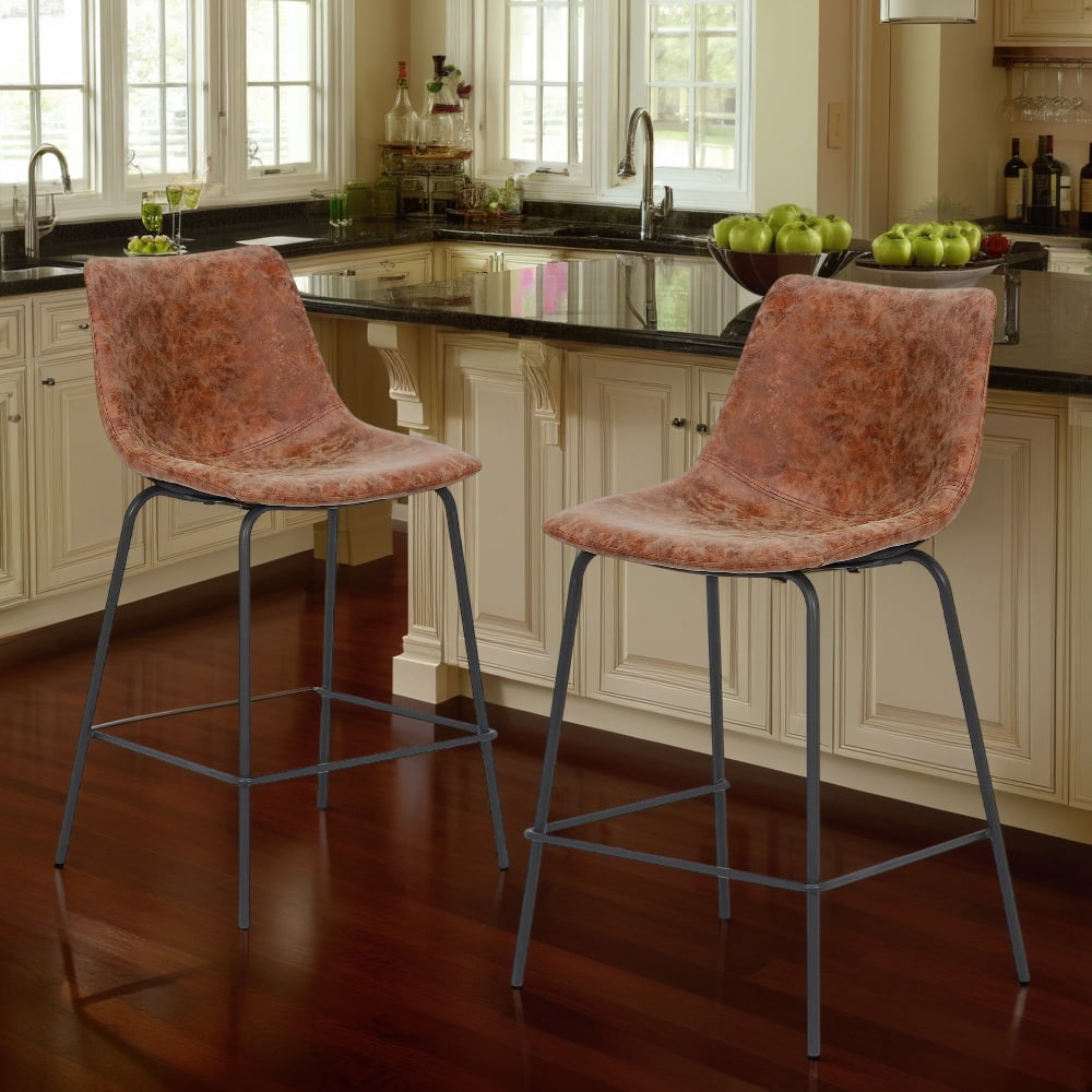 Abble 24 inch Bar Stools Set of 2, Faux Leather Upholstered Low Back Kitchen Counter Height Stools with Sled Base, Floor-Scratch Protection,  Camel