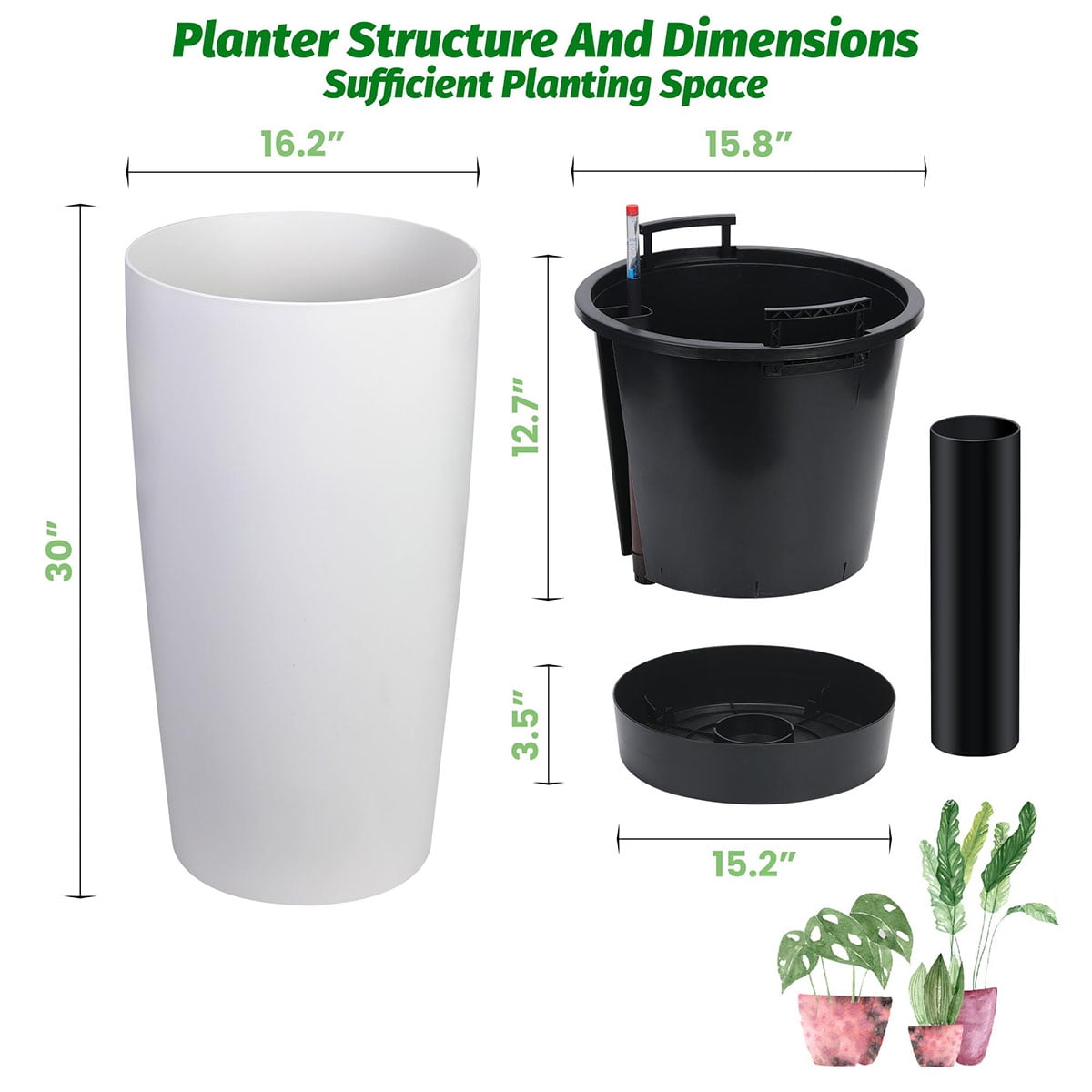 Ataucjin 30 inch Tall Planter Set of 2, Self Watering Pots with Drain Holes, Water Level Monitor & Inner Bucket, Indoor Outdoor Large Flower Pots, Automatic Watering, for Patio, Balcony, Living Room
