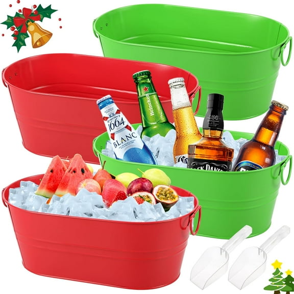 4PCS 4 Gallon Christmas Galvanized Tub Champagne Bucket With Carry Handle Large Metal Drink Buckets with Scoops for Home Bar Beer Champagne Cocktails Cooling Supplies(Red and Green)