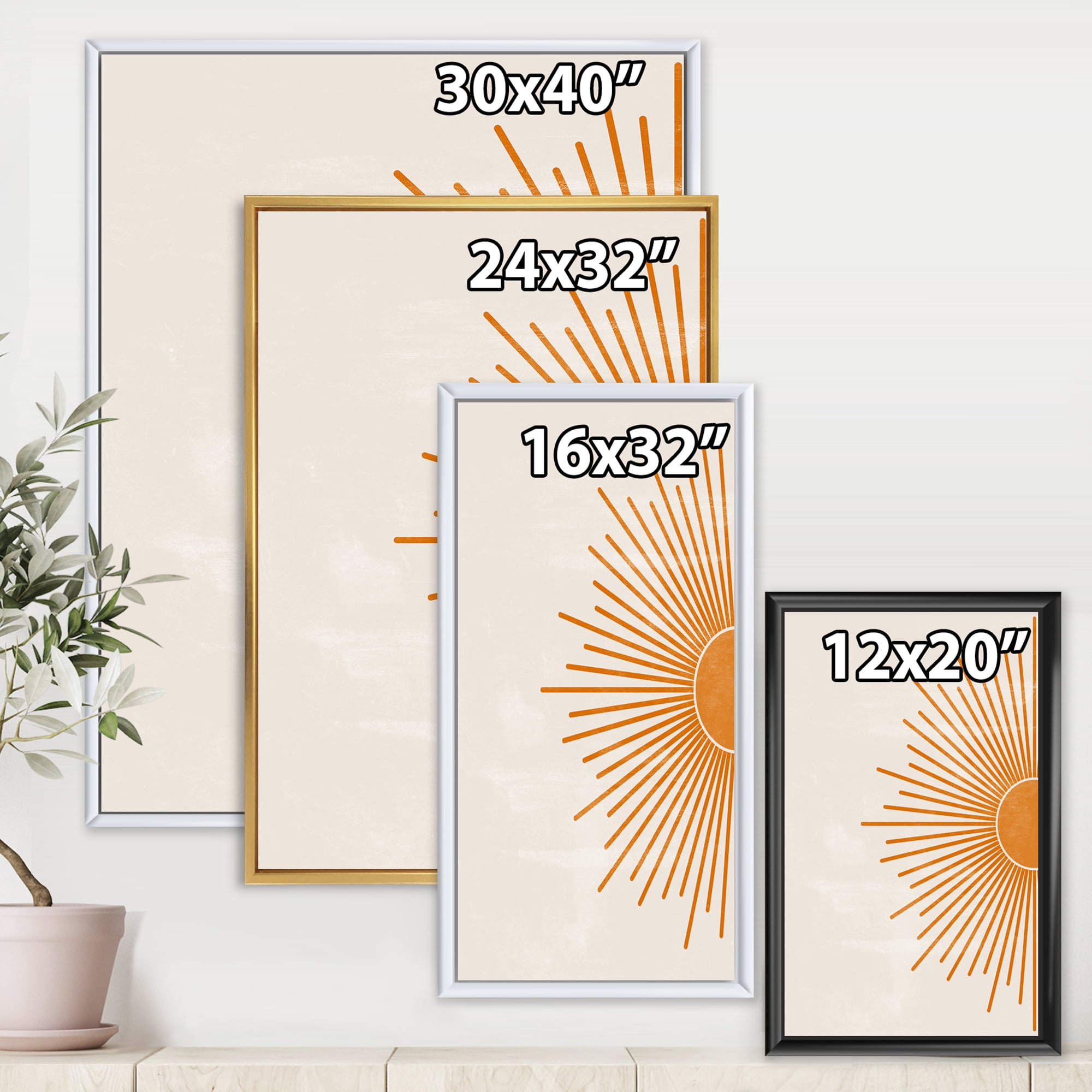 Designart 'Orange Sun Print On Beige I' Modern Framed Canvas Wall Art Print