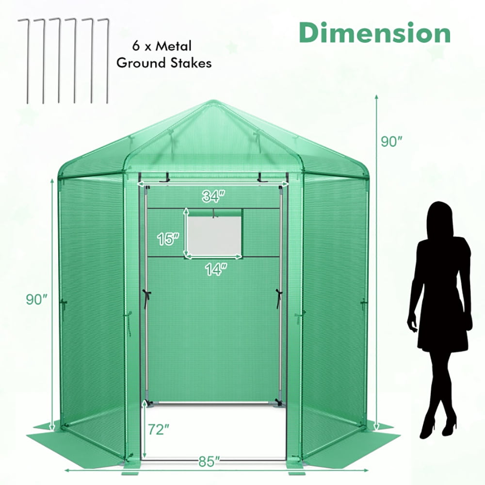 GVN Walk-In Hexagonal Greenhouse with PE Cover and Metal Frame, Walk-in Green House, Portable Greenhouse  for Planting and Storage