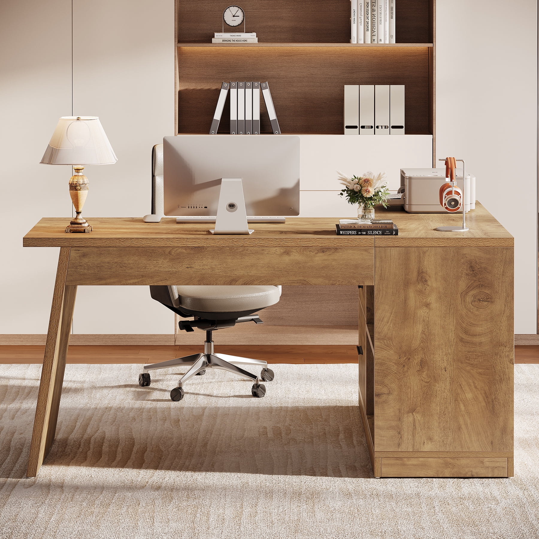 Tribesigns L Shaped Computer Desk with File Cabinet, Home Office Desk with Storage Shelves and 3 Drawers, Farmhouse Executive Workstation, Brown