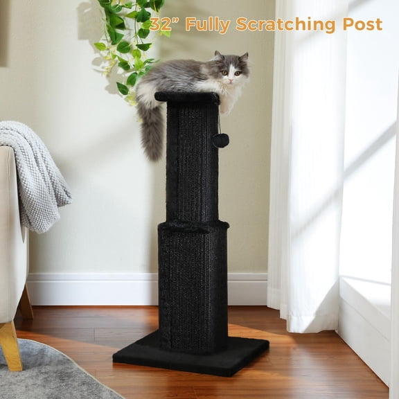 "32'' Tall Black Road Large Cat Scratching Post | Woven Sisal   Large Stable Base | Removable Dangling Ball for Indoor Adult Cats"