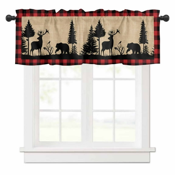 Christmas Animal Valances for Windows Moose Xmas Tree Rod Pocket Curtain Valance Window Treatment Short Curtains for Kitchen Living Room, 58"x16"