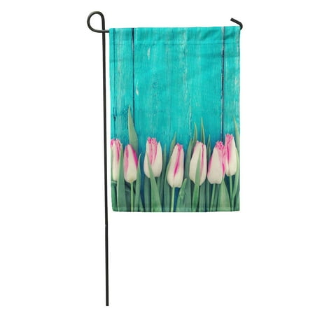 - LADDKE Tulips on Turquoise Rustic Wooden Spring Flowers for Valentine Day Woman and Mother Top View Garden Flag Decorative Flag House Banner 12x18 inch