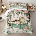 thumbnail image 2 of Manfei Cute Bath Cat Bed Spread Queen, Retro Cherry Blossom Queen Coverlet Set, Green Pink, 3-Piece, 1 Quilt and 2 Pillowcases, 2 of 7