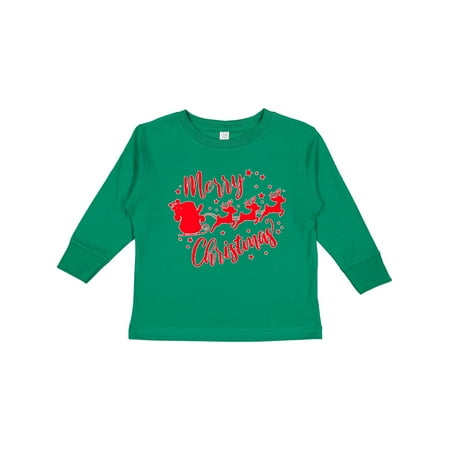 

Inktastic Merry Christmas Santa and reindeer red silhouette Boys or Girls Long Sleeve Toddler T-Shirt
