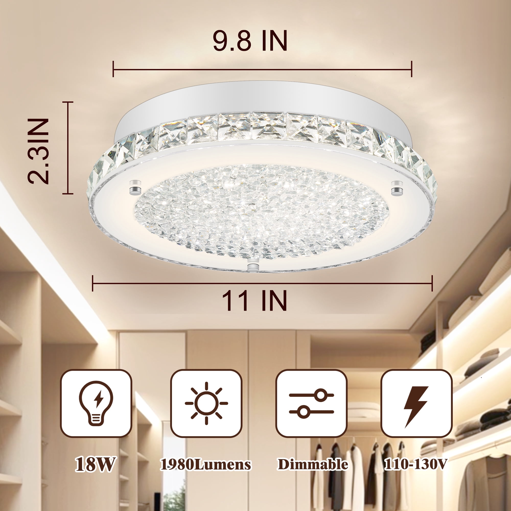 Auffel LED Kitchen Light Fixture for Ceiling Light Fixture,11 Inch Crystal Ceiling Light for Bathroom Hallway Living Room Dimmable 4000K Super Bright