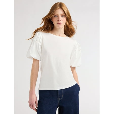 Free Assembly Women's T-Shirt with Embroidered Eyelet Sleeves, Sizes XS-XXL