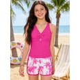 thumbnail image 4 of Girls 3 Piece Tankini Swimsuit Set Teens Criss Cross Ruched Tankini Sets with Printed Shorts Bathing Suits for Girls Swim 9-16 Years, 4 of 7