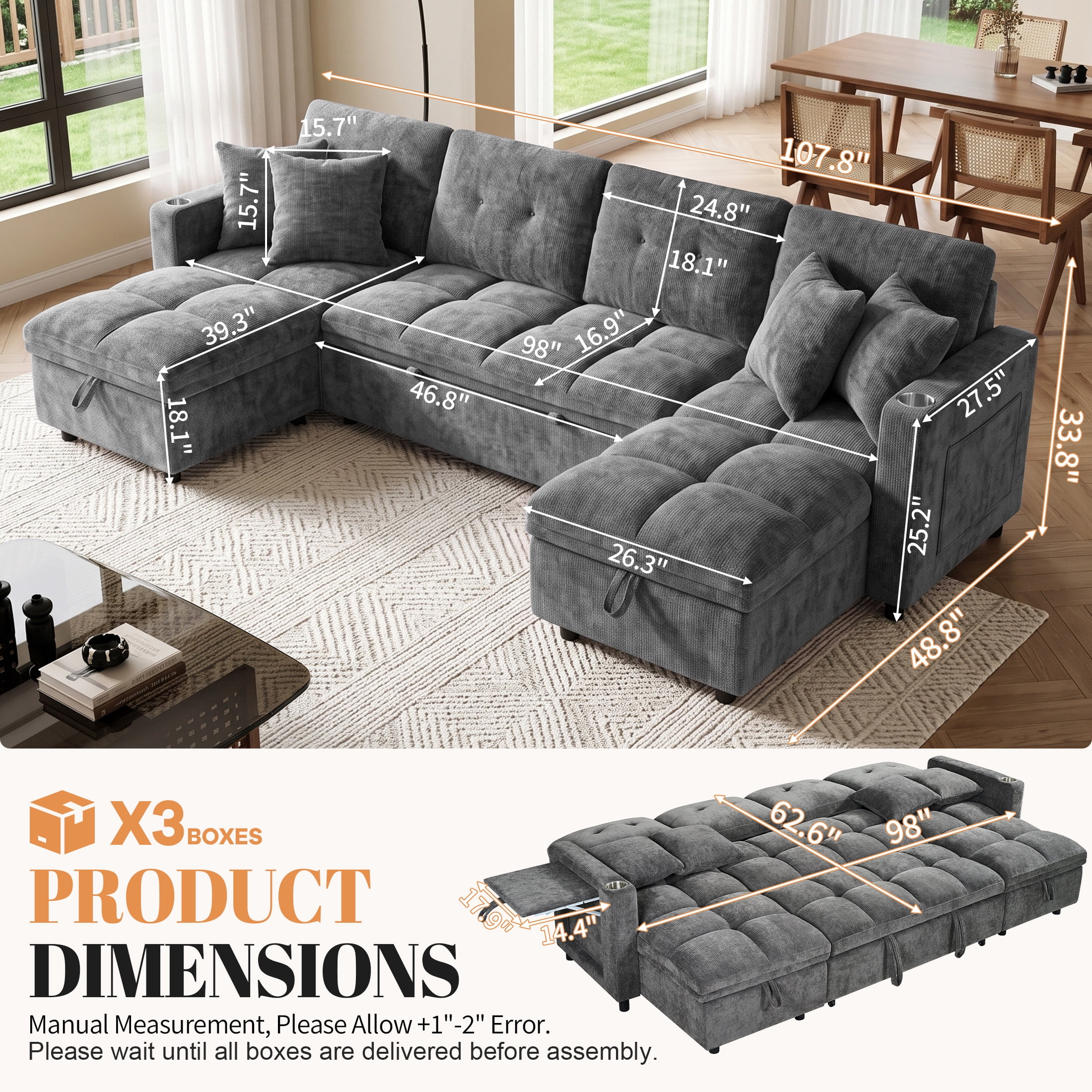 Aukfa 108" U Shaped Sleeper Sectional Sofa with Pull Out Bed, Chenille Convertible Sofa, Storage Chaise, USB/Type-C Ports & Side Table, Gray