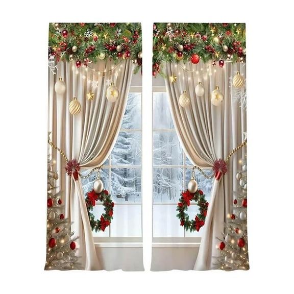 Deeceymbur Christmas Curtain Rod Through Champagne Ball Wreath Print Outdoor Polyester Decorative Window